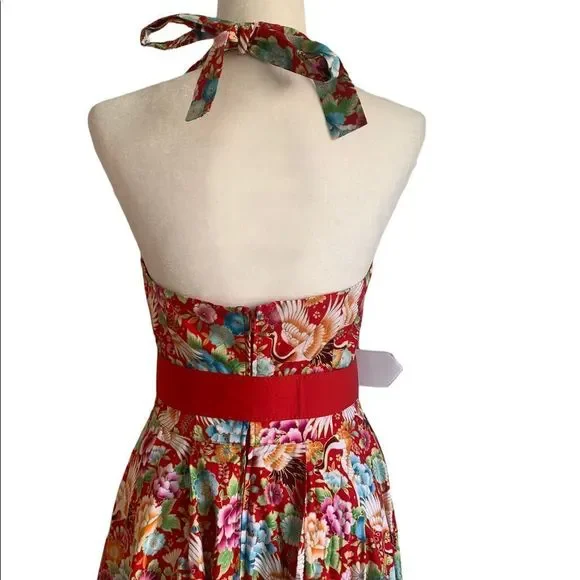 NEW Unique Vintage Red  Floral Halter Dress | Size M - Picture 12 of 16